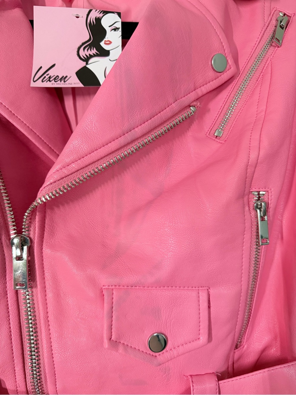 Vixen by Micheline Pitt Pink Faux Leather Moto Jacket with Belt - Picture 2 of 2